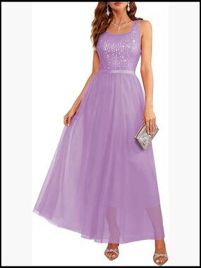 Sequin Maxi Dress Formal Prom Wedding Mesh A-Line Sleeveless Evening Gown